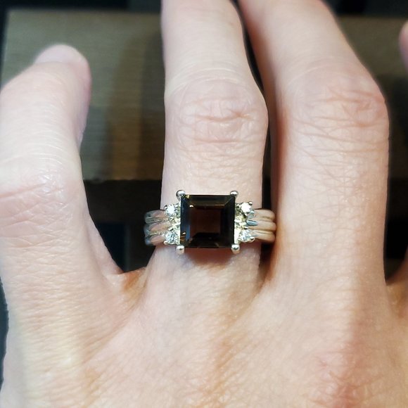 Size 7 925 Sterling Silver Square Smoky Quartz And CZ Ring - Picture 1 of 8